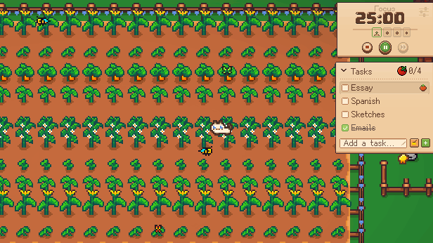 A focus session runs down to zero and the whole field ripens in a wave